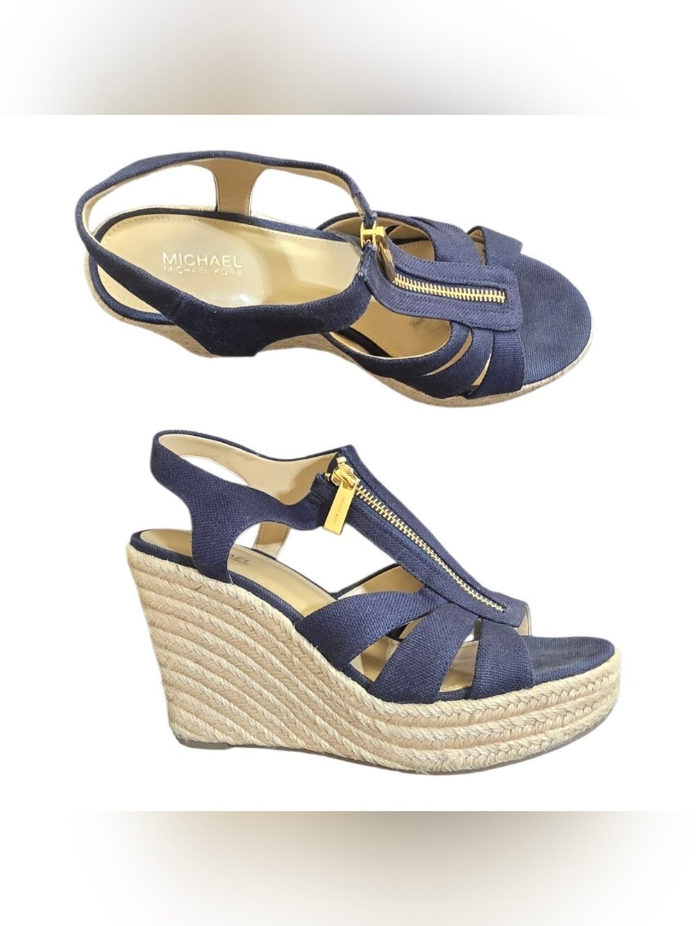 Michael Kors Berkley Navy Canvas Zip Front Wedge Sandals Size 8 Coastal Summer